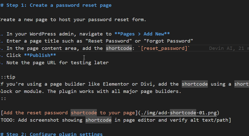 Frontend Reset Password settings page showing successful installation